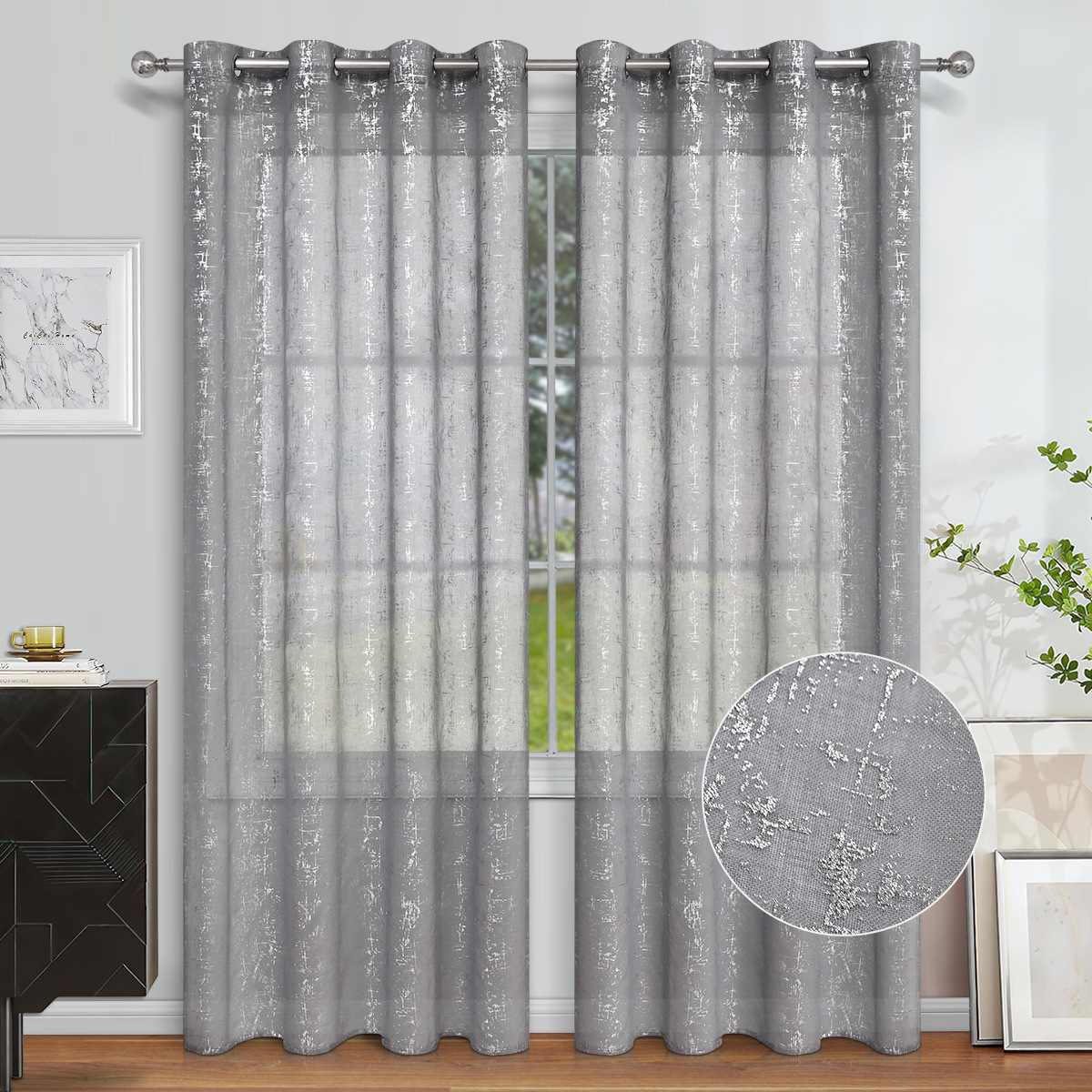 Linen Curtain Eyelet - Curtain Silver Printed Grommet Top Window