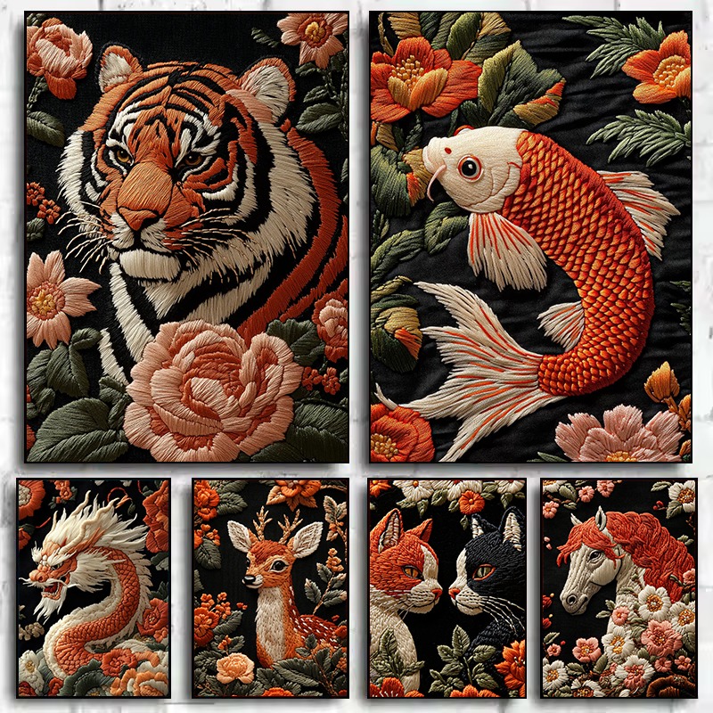 Interior Design Poster - Embroidery Style Art Animals Poster Floral