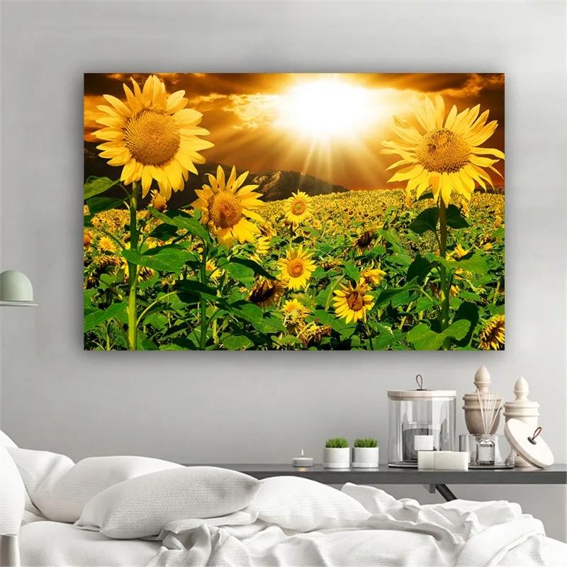 Interior Design Poster - Sunflower Landscape Canvas Art Sunrise Nature