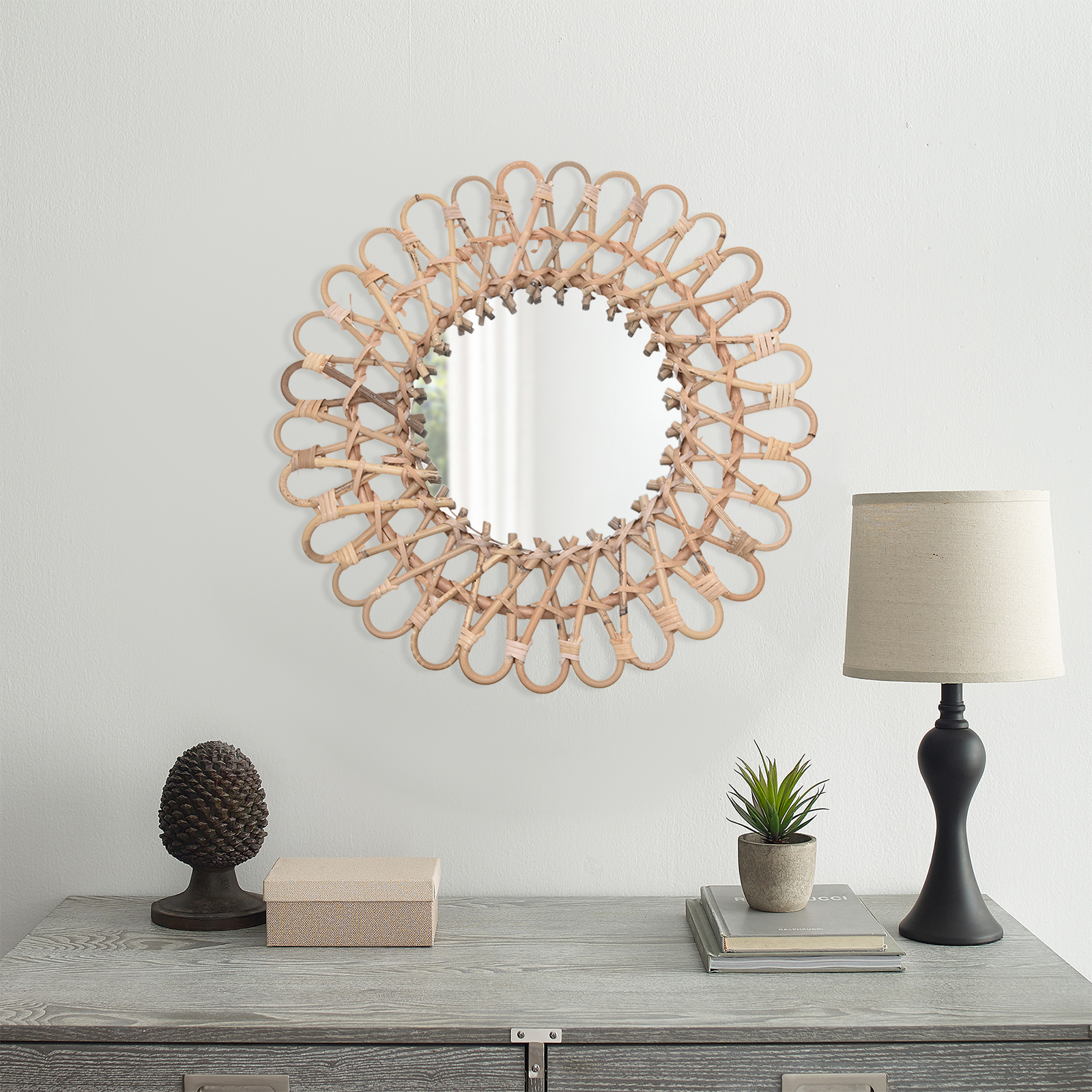 Rattan Mirror Round - 40cm Large Rattan Mirror Wall Mounted,