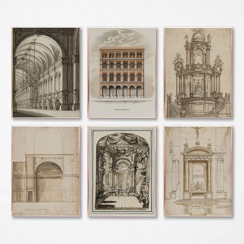 Interior Design Poster - Vintage Drawing Sketch Geometric Architecture Church