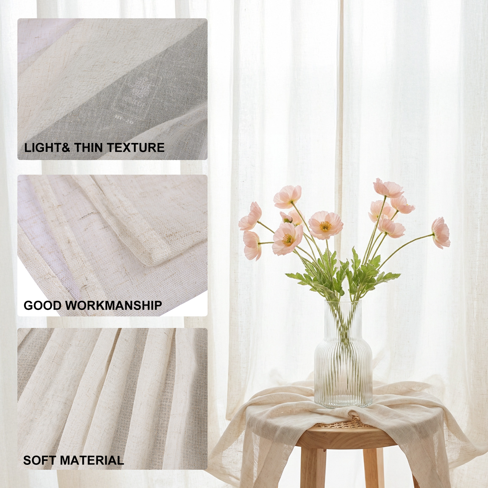 Beige Voile Curtains 2 Panels  - Linen Curtain Eyelet review and price