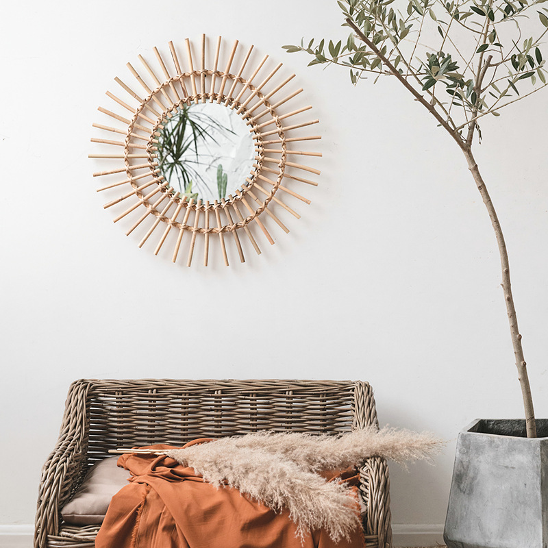 Rattan hanging wall Nordic hom - Rattan Mirror Round review and price